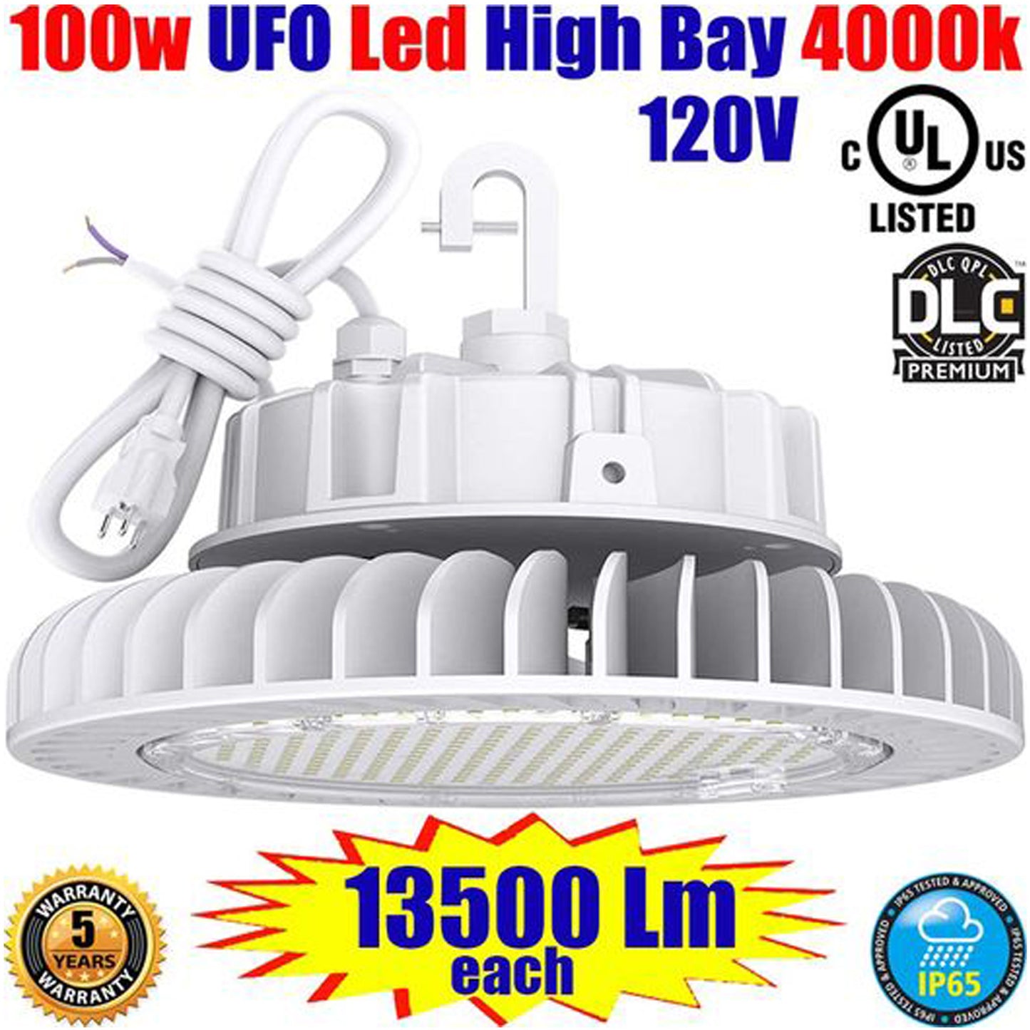 High Bay Warehouse Lighting Canada 100w 4000k White 13500Lm Plug 5ft 2 Pack - Led Light Canada