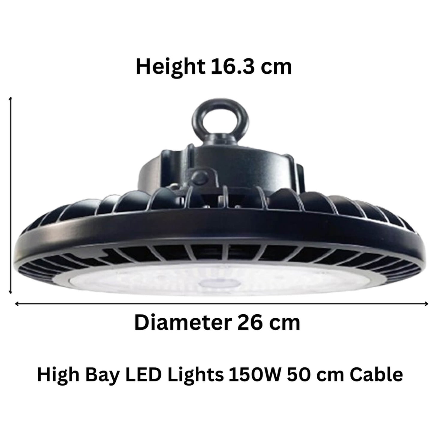 150W UFO High Bay Light Canada dimensions 26cm diameter and 16cm height with 50cm cable for warehouse ceiling lights.jpg
