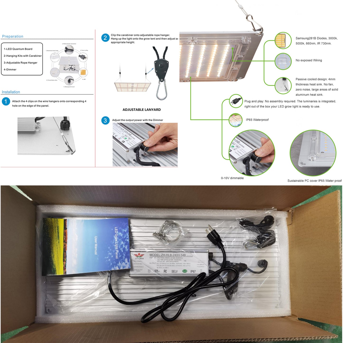 220W LED grow light installation hanging in grow tent indoor Canada