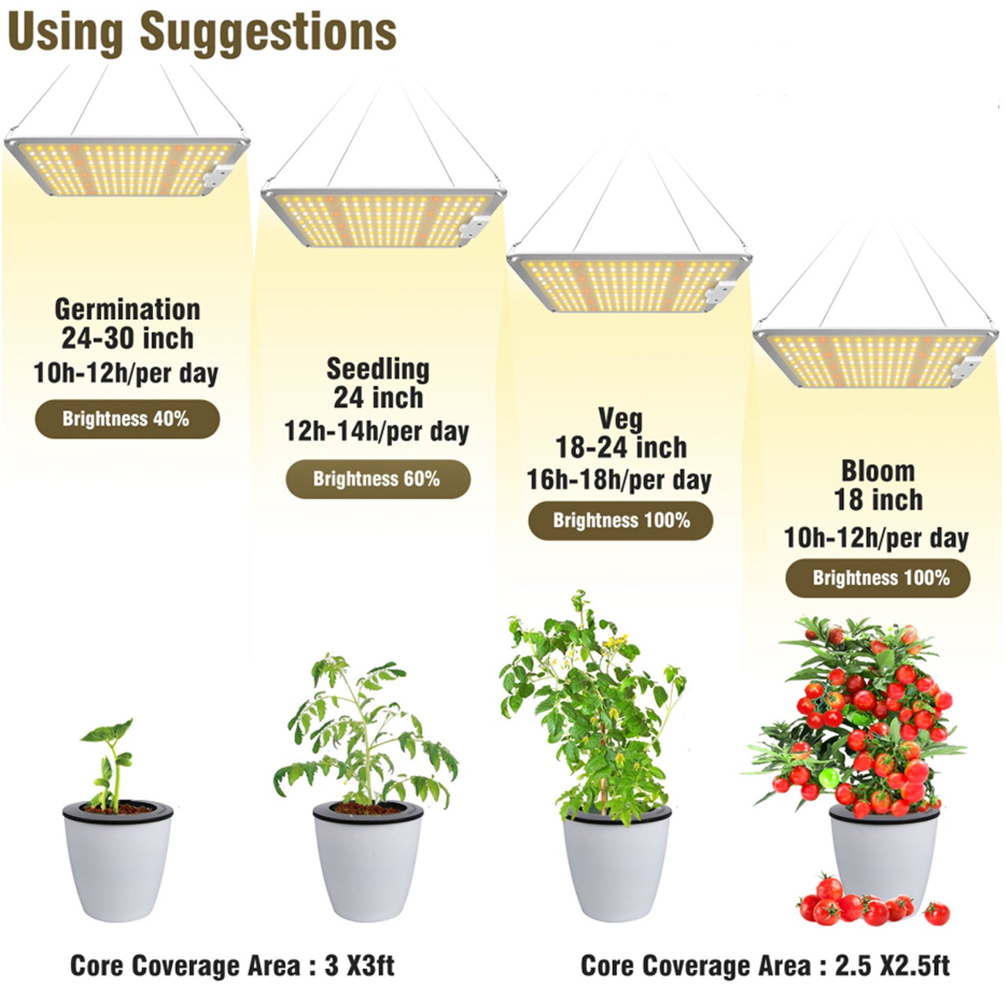 Full spectrum LED grow lights for indoor plants 100W — germination seedling veg bloom height brightness guide Canada