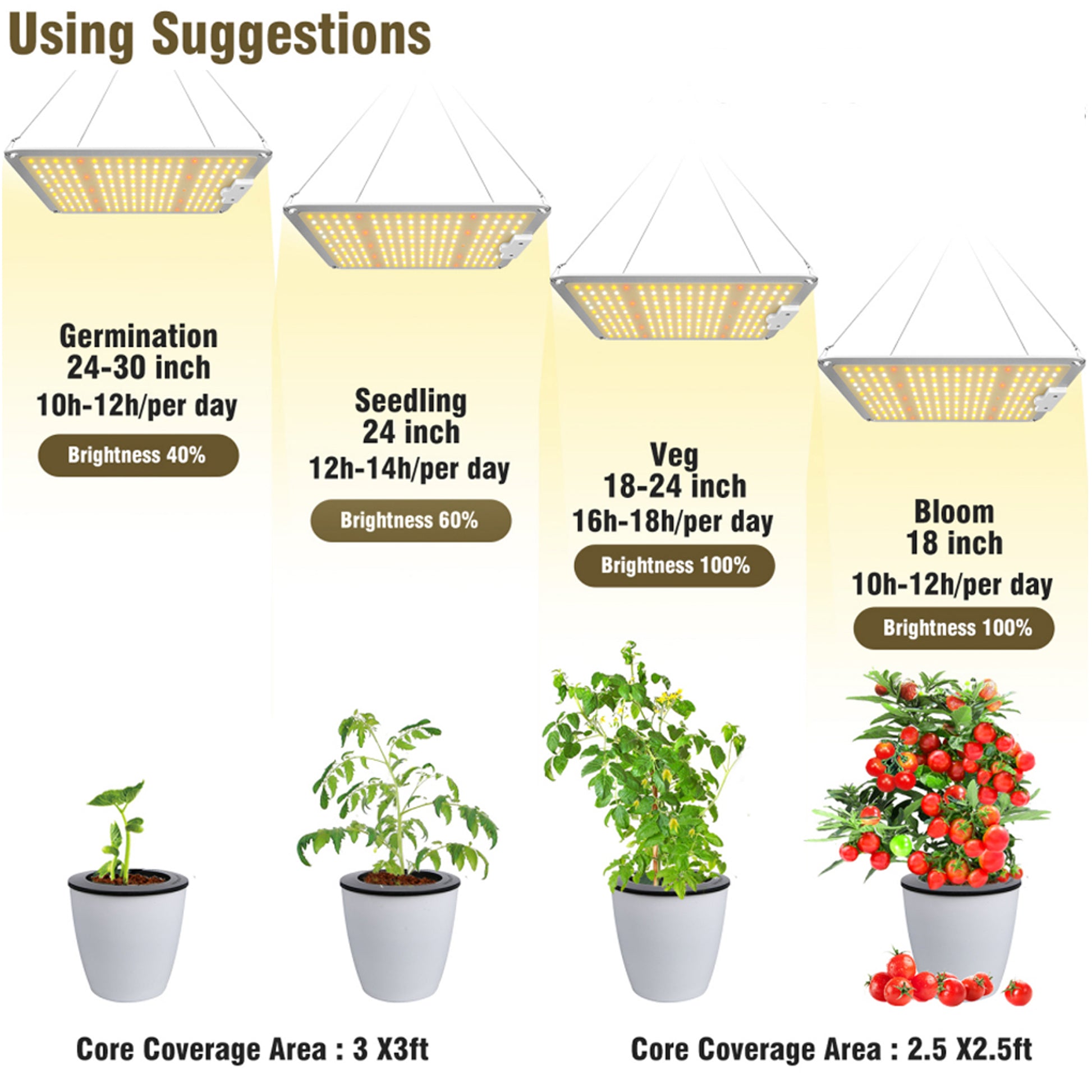 Full spectrum LED grow lights for indoor plants 100W — germination seedling veg bloom height brightness guide Canada