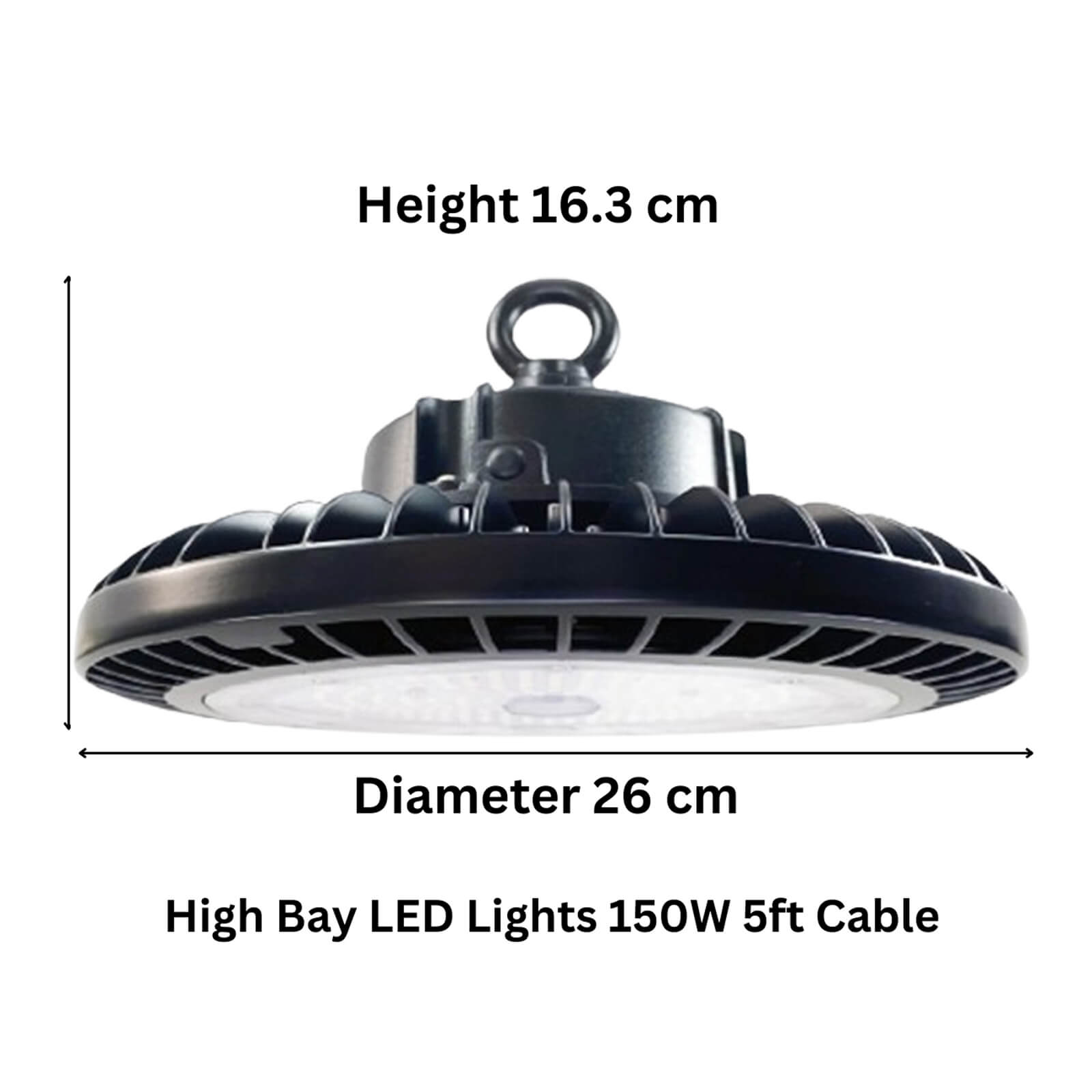 high bay LED light 150w dimensions 26 cm diameter 16.3 cm height plug 5ft cable.jpg