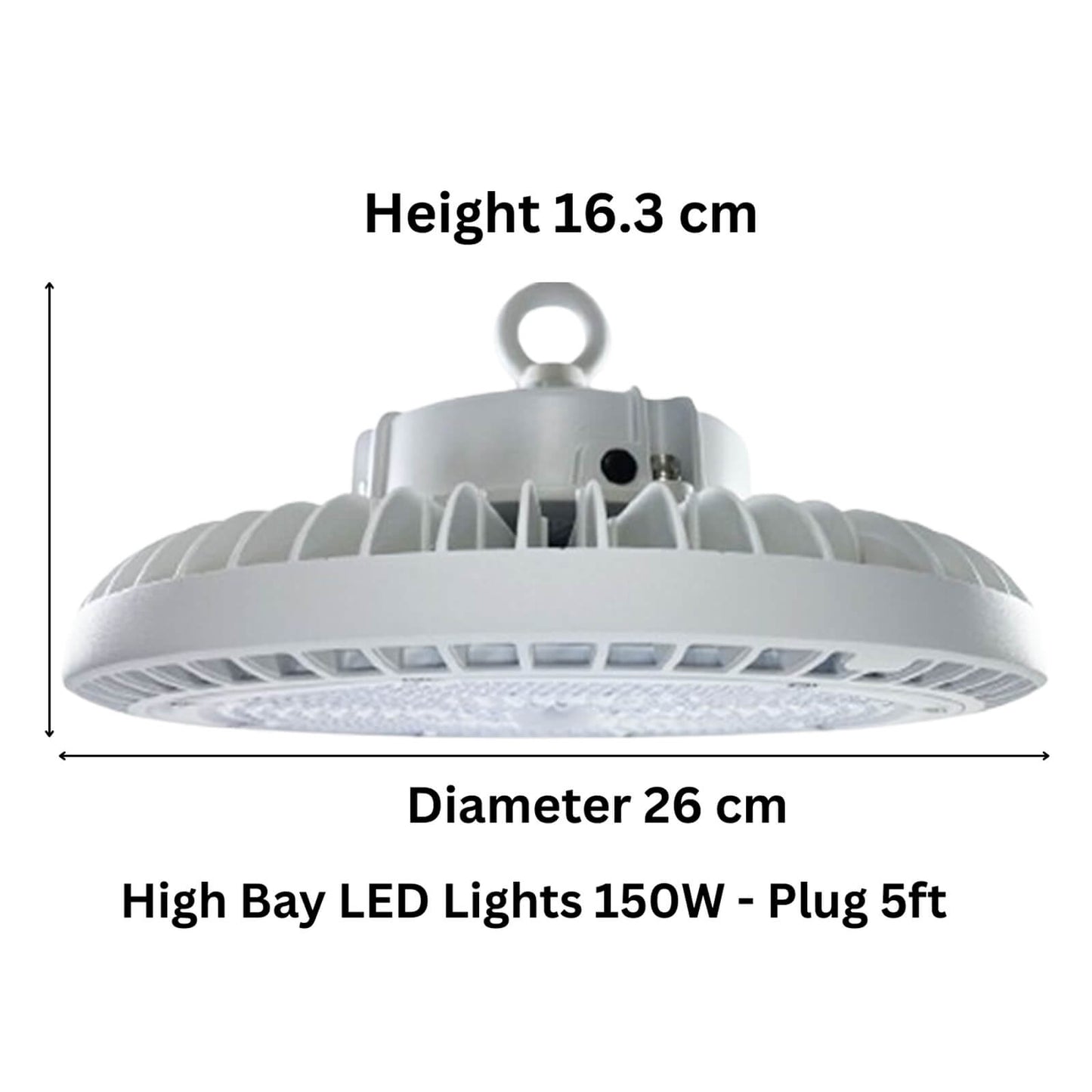 LED shop high bay lights dimensions 26 cm diameter 16.3 cm height Plug 5ft cable.jpg